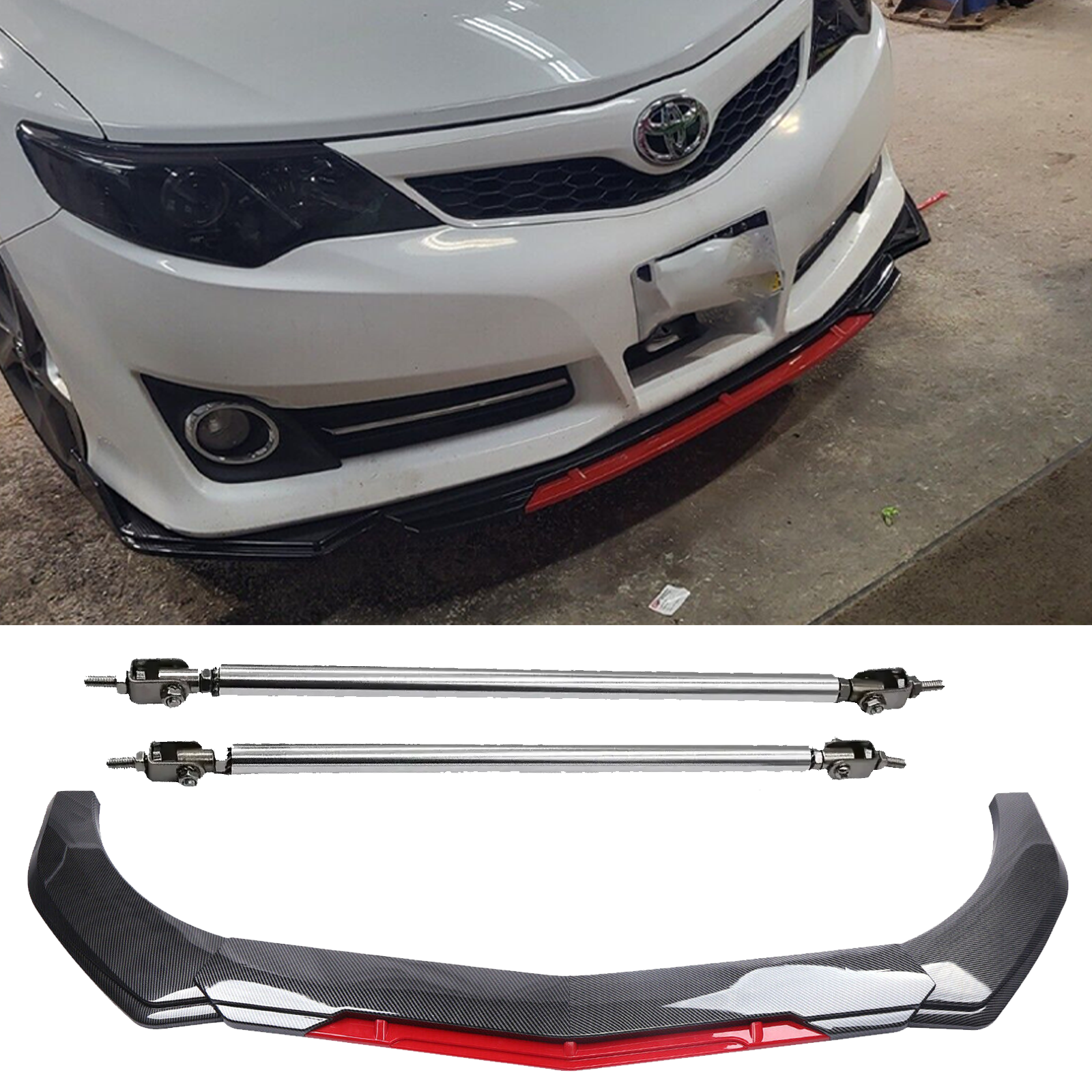 Toyota Camry Front Bumper Lip Spoiler Splitter Strut Rod in Carbon Fiber