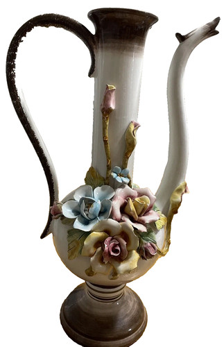 Italy Irea Bassano Art Pitcher Capodimonte Porcelain Rose 3D Flowers 16 In