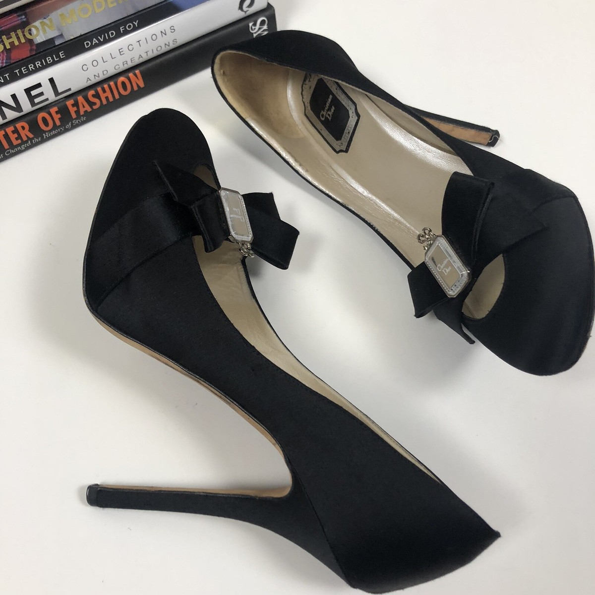 Christian Dior Heels 38 Black Satin Bow Mirror Silver Logo Christian Dior Heels 38 Black Satin Bow Mirror Silver Logo