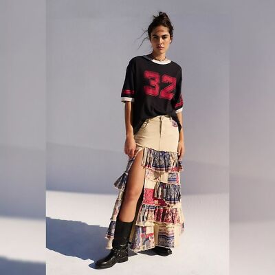 Free People Harvest Moon Maxi Skirt Tiered Ruffle Denim Skirt Women's Size  30