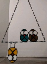 Whimsical Multicolor Birds on a Wire Stained Glass Suncatcher Window Hanging New