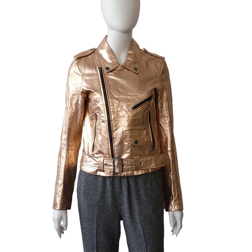 ZARA PIG LEATHER BIKER JACKET COAT XS 34 USA2 UK6 ROSE GOLD METALLIC ZIP BELTED - Picture 3 of 18