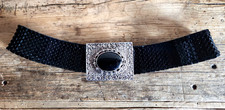 Vintage Fish Scale Stretch Belt Black Silver Buckle 80s Boho 24" to 35"