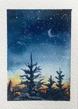 ACEO Original Sky Study No. 3 Sky Moon Pine Trees Painting Gouache on Paper