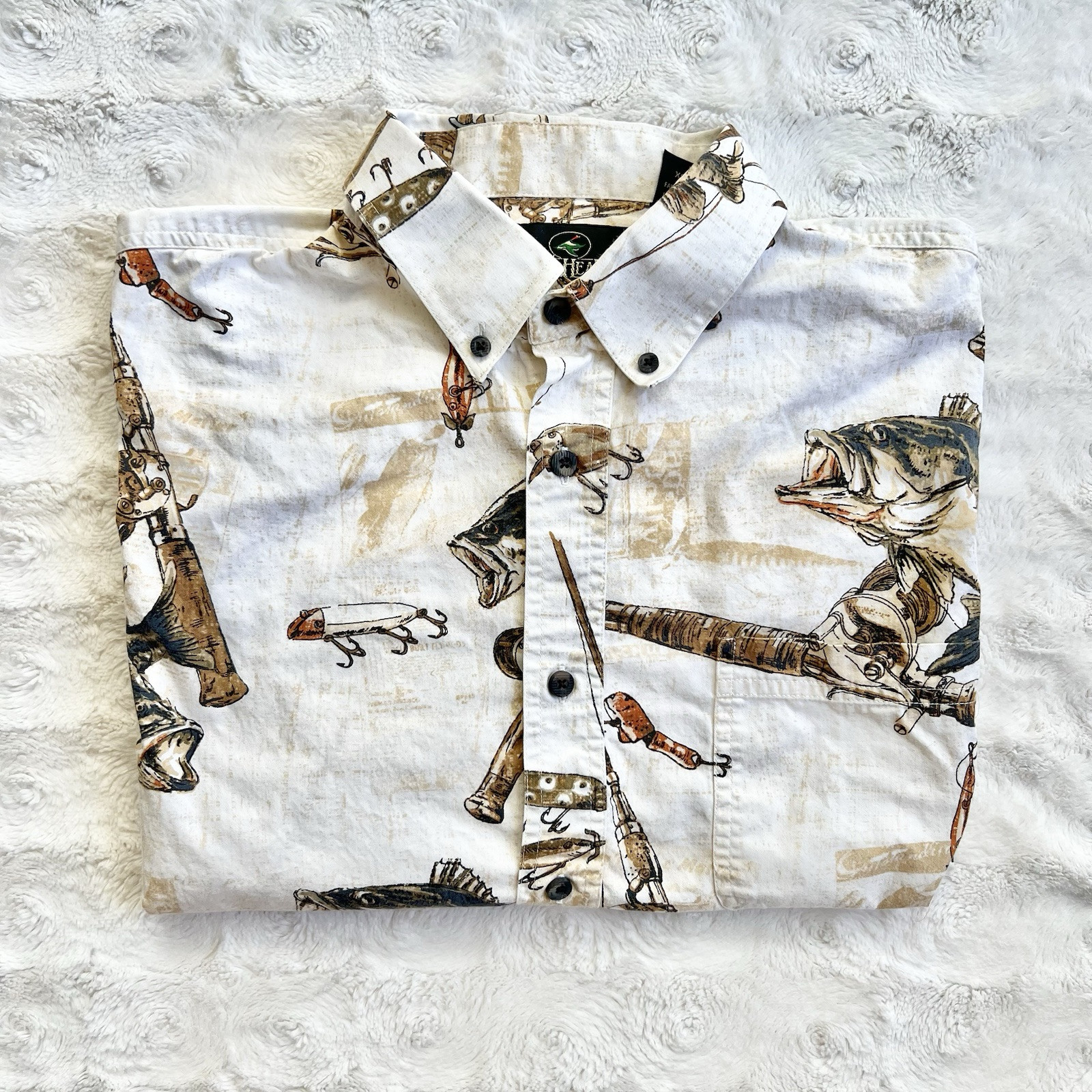 Red Head Shirt Mens XL White Bass Fishing Rod All Over Print Button Down Pocket