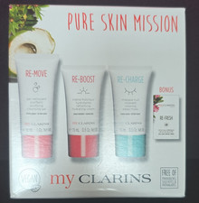 my CLARINS Pure Skin Mission Travel Set Cleanser  Moisturizer  Mask  Eye