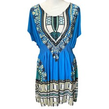 Womens Blue Dashiki Dress Caftan Tunic Top Bohemian Festival Coverup Size M-L