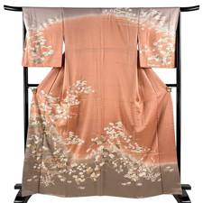 Vintage Japanese Silk Kimono Robe   Taupe Peony Cloud Gold