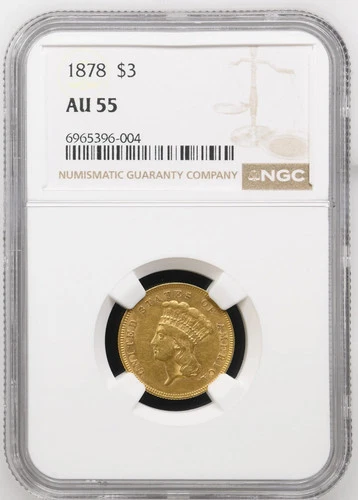 1878 Gold Three Dollars $3 Indian Princess Head NGC AU-55