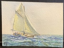 ACEO Original Watercolour Painting Sailing Yacht Boat Nautical Seascape Art