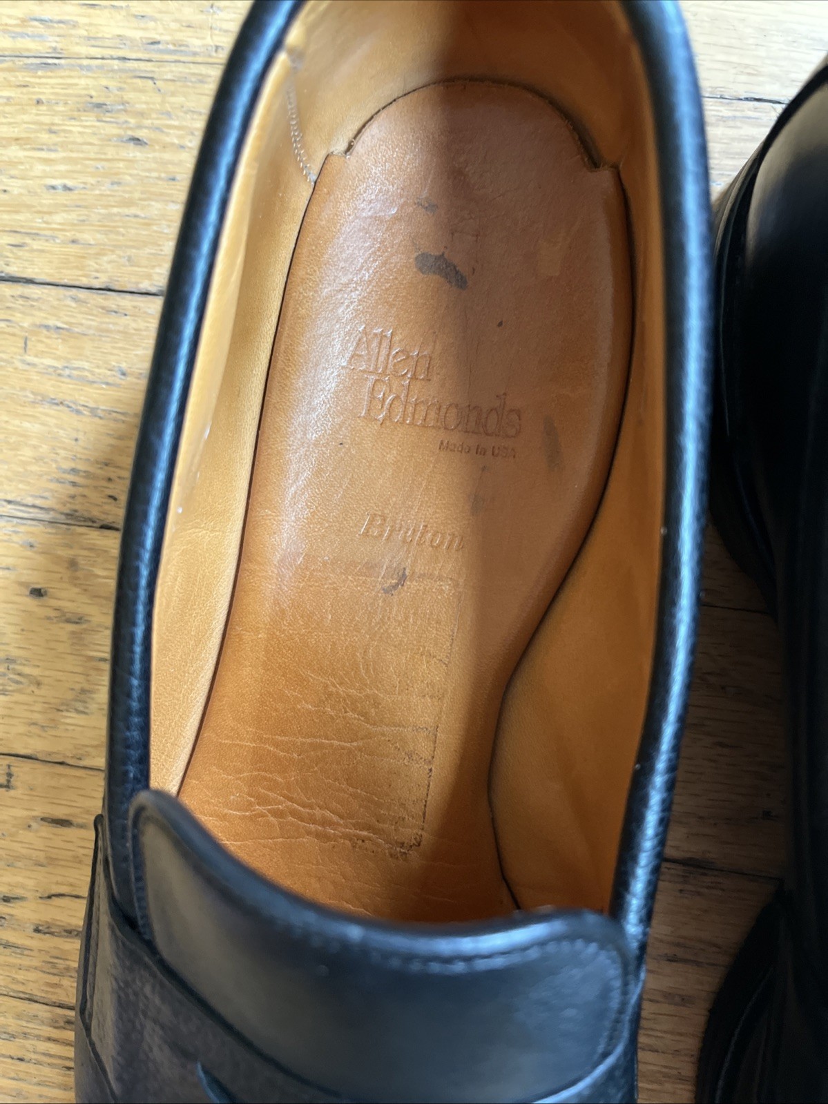 SAOLA Mocassino Allen Edmonds uomo pelle nera "Breton" Penny suola gomma taglia 11D CE!