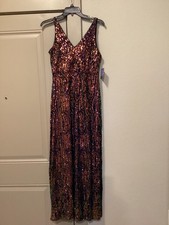 NWT Nightway Navy Sequin V-neck Sleeveless Maxi Dress Size 10 P