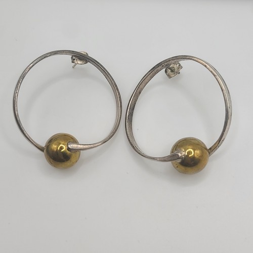 Vintage Mexican Sterling Silver Hoop Ball Modernist Pierced Unmarked