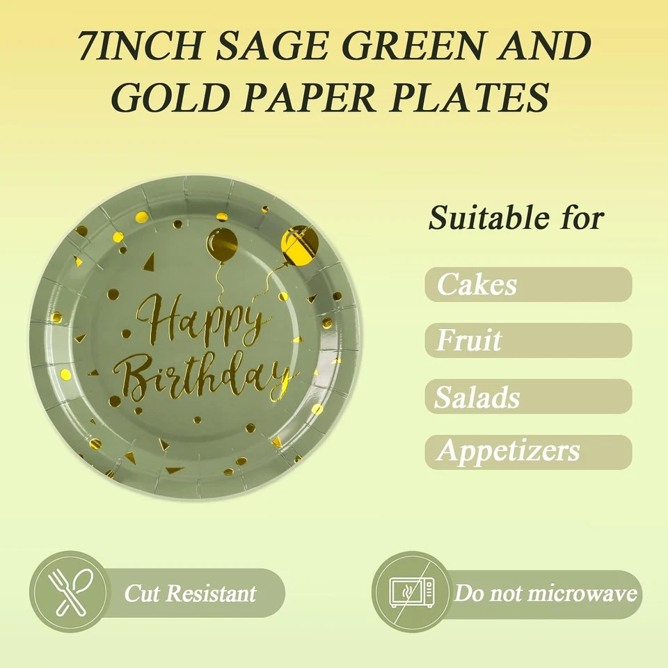 72 PIEZAS Platos Desechables, Servilletas, Tenedores para Fiesta de Cumpleaños Oro Verde Salvia Foto 3 de 4