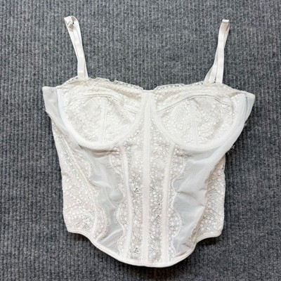 Ivory Lace Corset Top M Y2K Coquette Mesh Bustier Crop Cami Chic