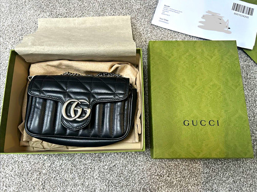 Gucci GG Marmont Small Black Quilted Leather GG Flap Chain Shoulder Bag Box