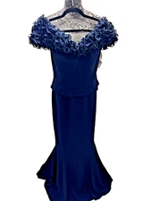 New Daymor Couture Ruffle Neckline Flared Dress Gown Navy Blue Size 10