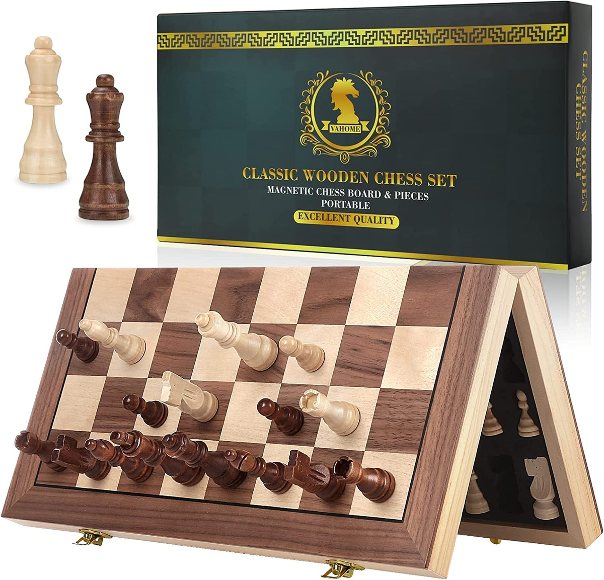 A&A 15″ Magnetic Wooden Chess Set /Folding Board / 3″ King Height German Knight Staunton Chess Pieces Walnut Maple Inlaid 2 Extra Queen Board Games Chess Sets For Adults And Kids