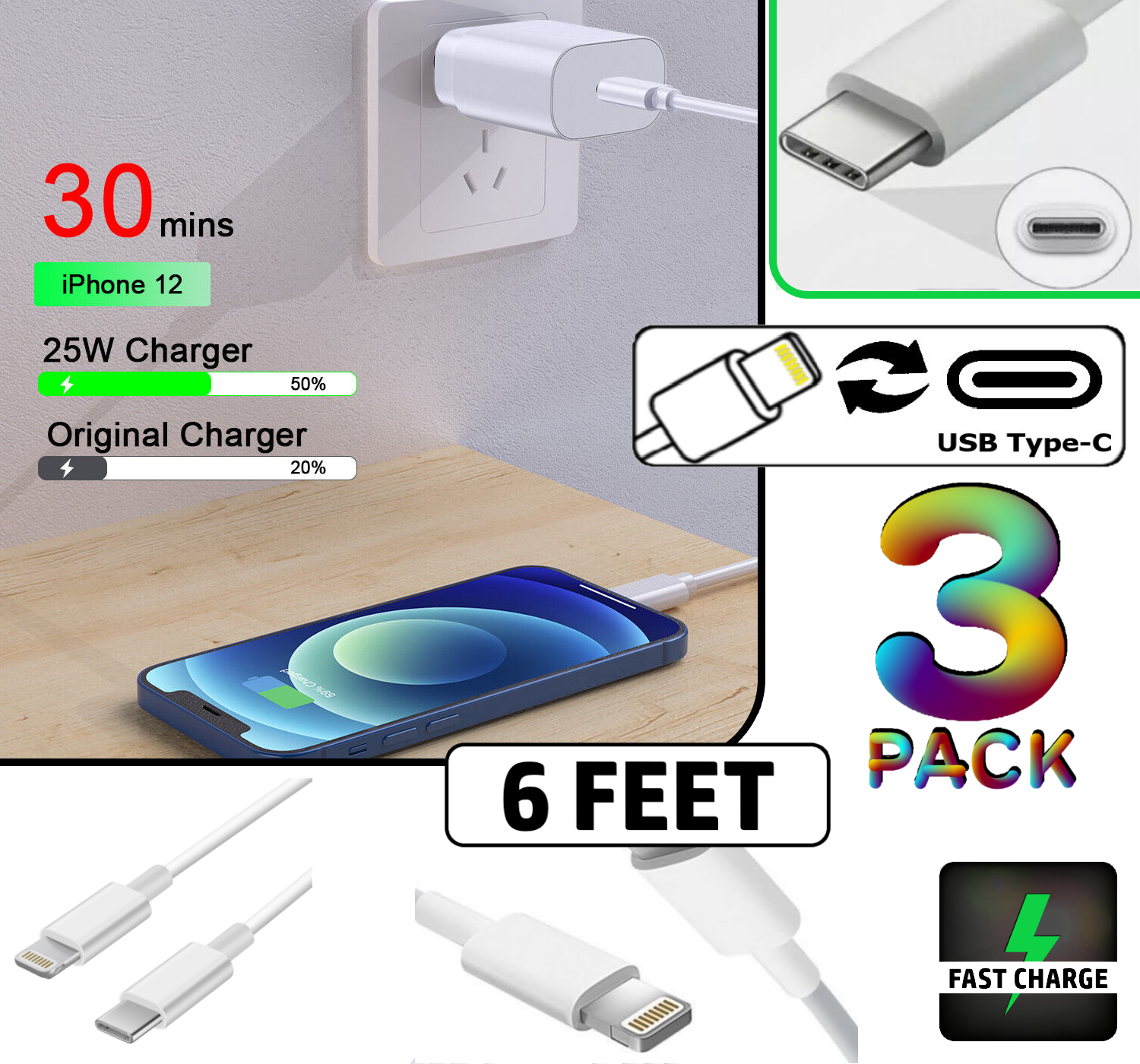 3 PACK 6ft Fast Charger Charging Cables For iPhone 14 13 12 11 X XR