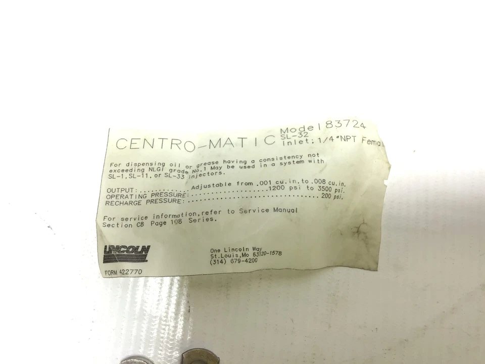 Lincoln 83724 - SL-32 Centro Matic Inyector Entrada 1/4" NPT Hembra Acero Inoxidable S... Foto 2 de 4