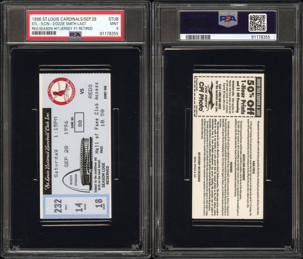OZZIE SMITH FINAL HIT #2460/JERSEY #1 RETIRED TICKET🎟️9/28/1996