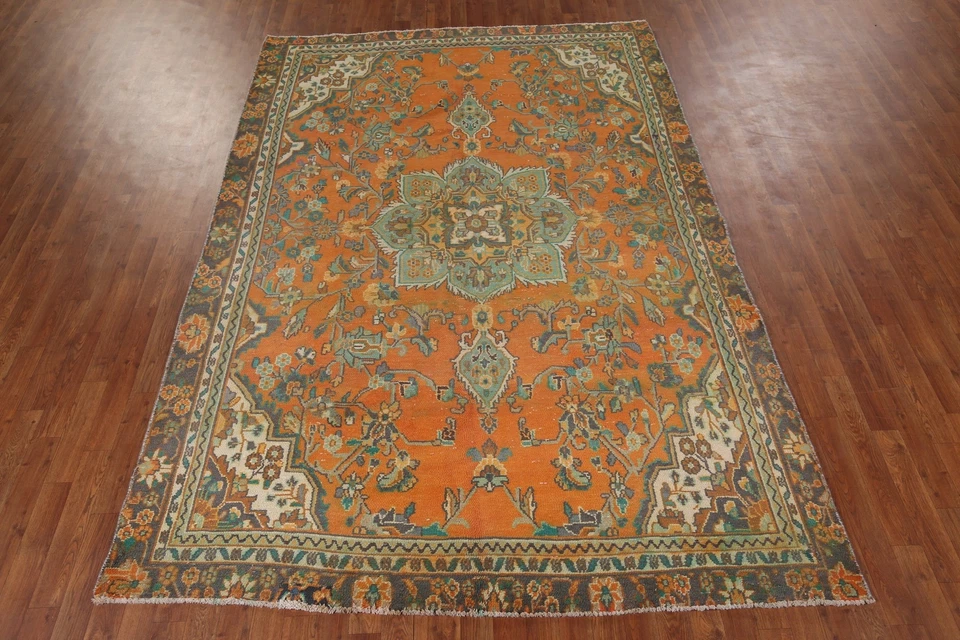Vintage Orange Wool Hamedan Living Room Rug 7x10 Hand-knotted Traditional Carpet - Image 3 of 4