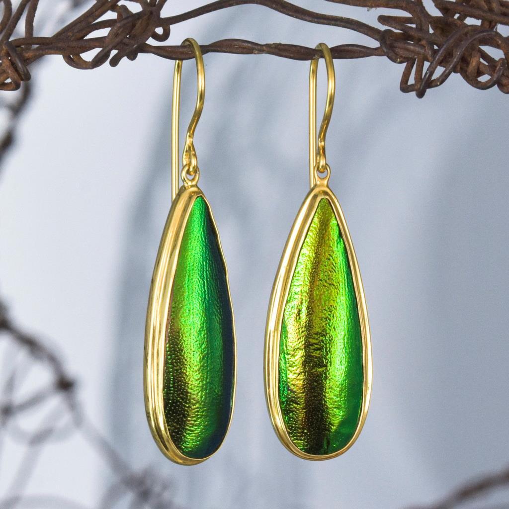 Green Jewel Beetle Wing Earrings in Gold Vermeil & Sterling Silver Handmade 4.87g-image