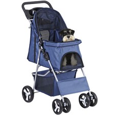 Durable Pet Stroller with 4 Wheels Puppy Stroller with Storage Basket Navy Blue