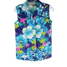 Royal Hawaiian Barkcloth Shirt Vintage Womens Blue Hibiscus Medium 89264
