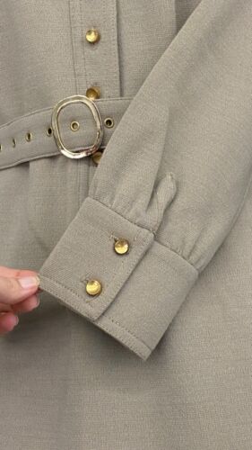 Vintage 1970s drab green mini dress long sleeve taupe neutral rivets fall winter - Picture 4 of 7