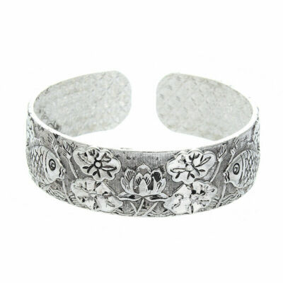 Elegant 925 Sterling Silver Koi Fish Lotus Charms Wristband Bracelet Bangle Cuff