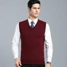 Men Knitted Wool Blend Gilet Vest Sleeveless Woollen Sweater Knitwear Casual