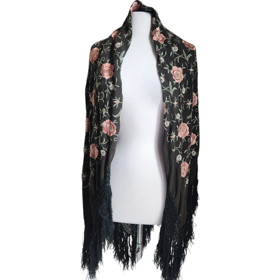 Antique Vintage Silk Embroidered Piano Shaw Floral Fringe Brown - Image 2 of 4