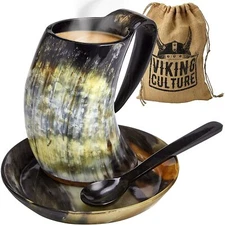 Viking Culture Coffee Horn Mug with Spoon, Plate and Bag, (3 Pc Set)