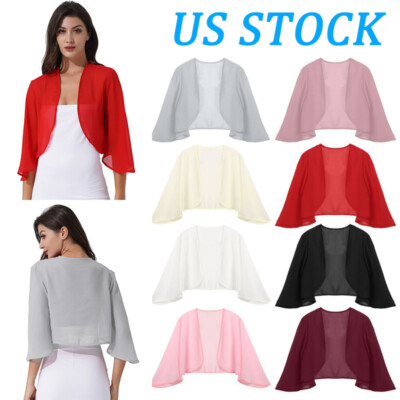 Women Chiffon Solid Bolero Shrug Jackets Open Front 3/4Sleeves Cropped Cardigan