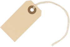 100 Small Manila Paper Tags with String - 1, 2 3/4 X 1 3/8 - Hang Shipping