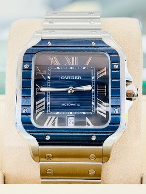 Cartier Santos De Cartier WSSA0048 Blue Dial Large Blue PVD Bezel Box Papers