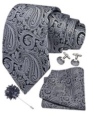 3.15"  8cm  Mens Tie and Lapel Pin Paisley Necktie Hankerchief Gray Black