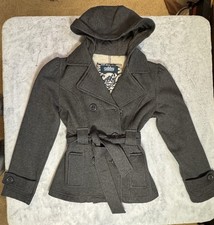 Sebby Womens Gray Hooded Peacoat Jacket Wool Blend Belted Casual Coat