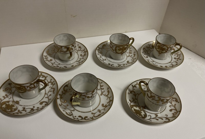 Noritake Demitasse Cups And Saucers, Hand Painted Gold Enamel On Porcelain