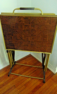 Vintage MCM Set 4 TV Trays with Storage Rack Brown Faux Parquet 1960's Retro