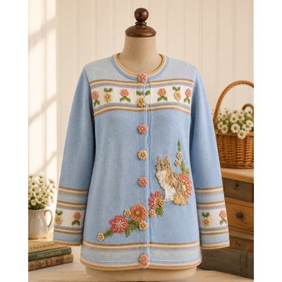 Storybook Knits Cat Cardigan Floral Embroidered Cottagecore Grandma Sweater M