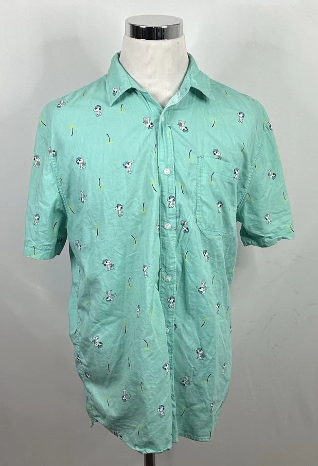 Peanuts XL Hawaiian Shirt Snoopy Pirate Floral Palm Trees Green Cotton Blend - Image 2 of 4