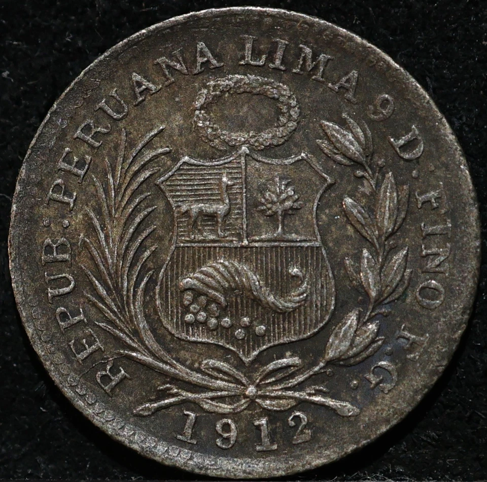 Peru 1912 1/2 dinero antique small silver world coin with liberty llama toned - Image 2 of 4
