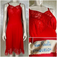Vintage 1950's VAN RAALTE Bright Red Dress Slip Nightgown Sheer Lace XS/SM