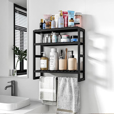 3 Tier Wall Mounted Bathroom Shelf Adjustable Storage Rack with Towel Bar