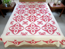 Vintage 2 Color Red & White Redwork Cross Stitch TULIP CROSS Cotton Quilt; QUEEN