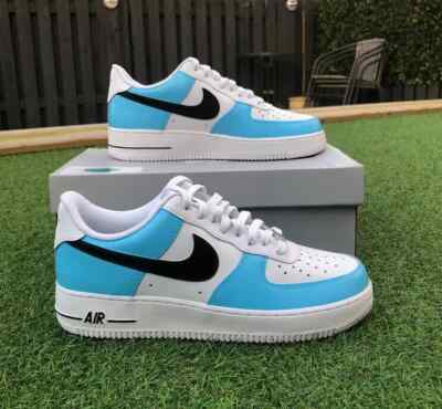 Nike Air Force 1 Custom Streetwear Shoes Light Blue & Black Swoosh Mens Womens