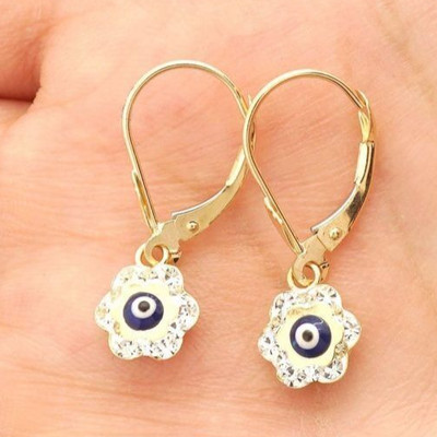 0.50CTW Simulated Diamond 14K Yellow Gold Blue Evil Eye Flower Dangle Earrings
