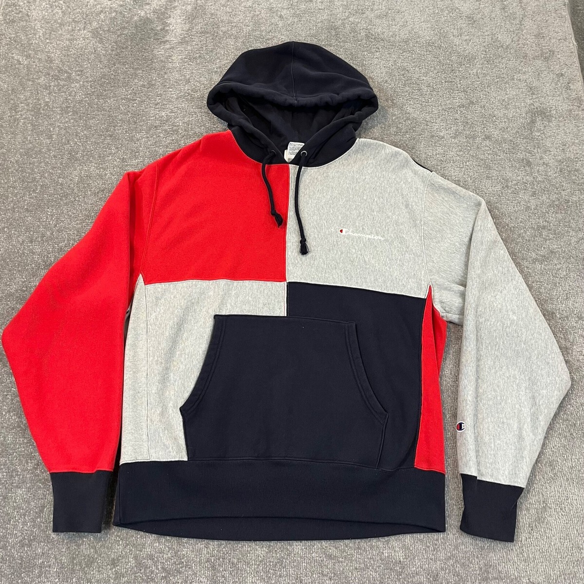 Jacket Champion Color Block Reverse Weave Hoodie Champion Hoodie Mens Large  Gray Red Blue Color Block Pullover